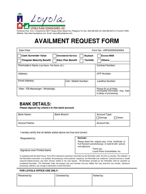 loyola plans consolidated inc availment form